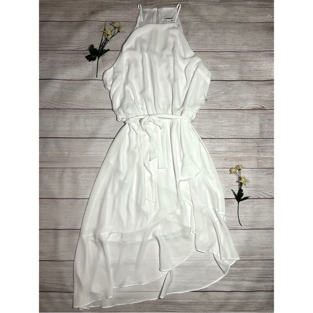 EXPRESS Asymmetrical Ruffle Wrap Midi Dress - Picture 2 of 16